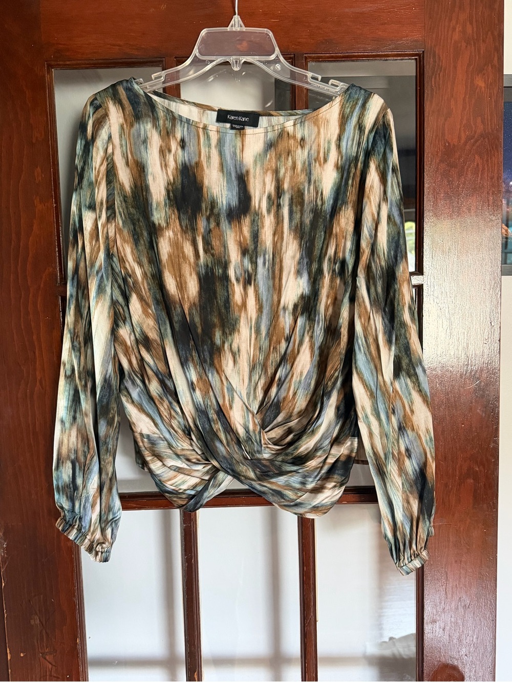 Karen Kane Green Brown Cream Twist-Hem Blouse